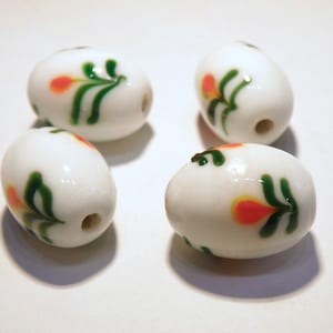 Large Opaque White Tapered Barrel Lampwork Beads with Orange Yellow Flower Design --  Lot 5O