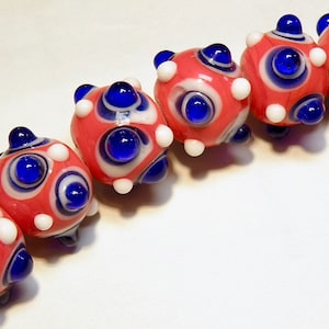 Vintage(?) -- Six (6) Tomato Red, Cobalt Blue, and White Bumpy Sputnik Lampwork Rondelle Beads - Lot 5E
