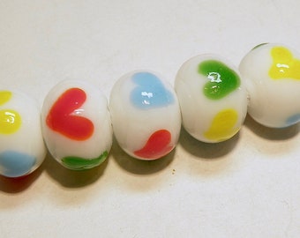 Five (5) White Lampwork Rondelles with Multicolor Hearts - Lot UU