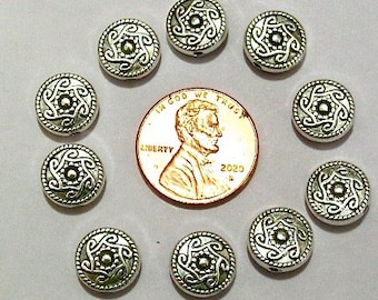 10 Pewter Ornate Nordic Design Coin Spacer Beads