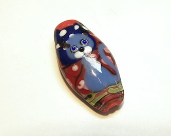 One (1) Red, White & Blue Flat Oval Lampwork Focal Bead with Cat Design - Lot UU