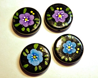 Four (4) Handpainted Vintage Lucite Coin Beads: Glossy Black with Flower Design  -- Lot 5O