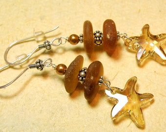 Genuine Brown Beach Glass and Swarovski Starfish Sterling Silver Earrings