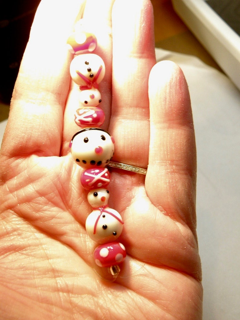 Lot UU DESTASH Seven Coordinating Red and White Snowman and Snowflake Lampwork Beads