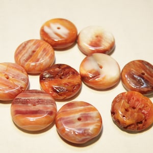 May include: Assortment of ten round, flat, orange and white shell buttons with a hole in the center. The buttons have a natural, organic look and are perfect for crafting projects.