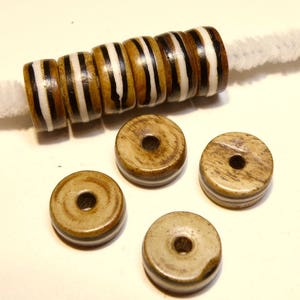 10 Striped Dark Brown, Off-White, and Black Disk Bone Beads --- Lot 4I