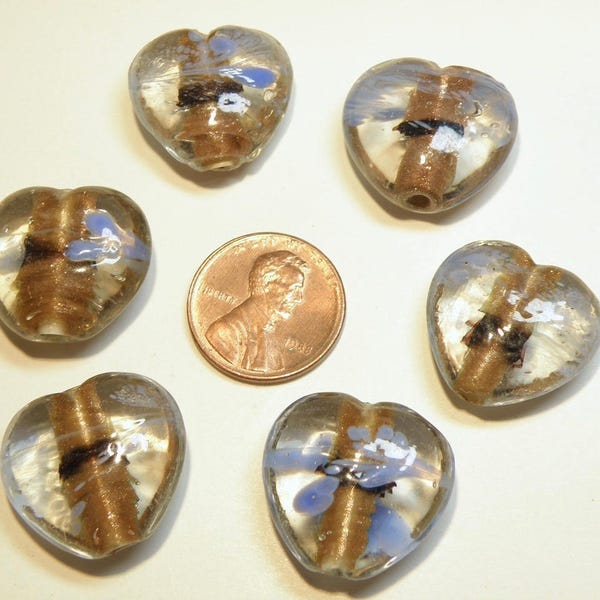 SALE --- Six (6) Clear Lampwork Heart Beads with Goldstone Core and Periwinkle Blue Splatter Design --  Vintage -- NOS -- Lot 3O