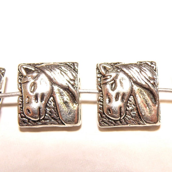 Six (6) Square Pewter Horse Head Pillow-Shaped Spacer Beads
