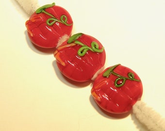 Three (3) Lentil Shaped Lampwork Pumpkin Beads with Vine -- Lot UU