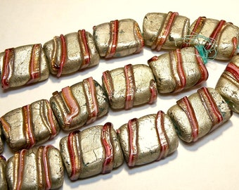 One (1) Rectangular Glass Bead with Silver Foil and Shades of Pink Glass Drizzle