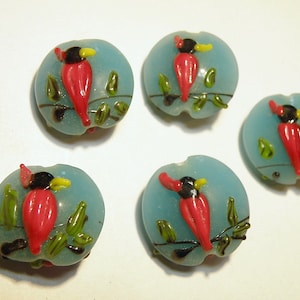 One (1) Opaque Turquoise Blue Lentil Lampwork Glass Bead with Red Cardinal Design - Lot UU