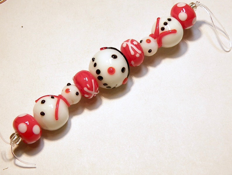Lot UU DESTASH Seven Coordinating Red and White Snowman and Snowflake Lampwork Beads