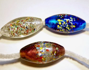 CHOOSE Color -- One (1) Large Hole Jumbo Tapered Barrel Bead with Silver Foil and Multicolor Glass Blobs -- Lot UU