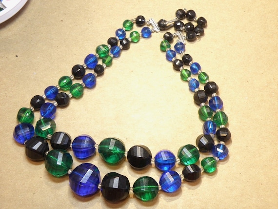 Vintage West Germany Two-Strand Black, Emerald Gr… - image 2