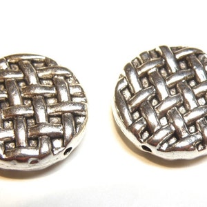 Six (6) Coin-Shaped Basket Weave Pewter Silver Beads