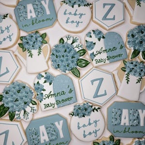 Baby in Bloom cookies, hydrangea baby shower cookies