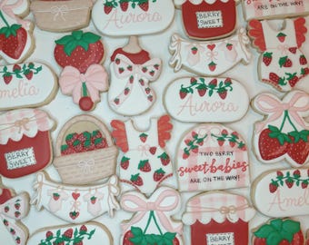 Strawberry cookies, strawberry birthday cookies, strawberry Baby shower. Berry Baby shower.