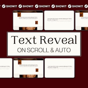 May include: A dark maroon graphic display featuring the text "Text Reveal ON SCROLL & AUTO" in the center. Surrounding the text are multiple white rectangular frames showing website layout previews with placeholder text and imagery.