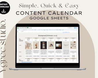 Könnte beinhalten: Ein Laptop-Bildschirm zeigt eine Content-Kalender-Vorlage für Instagram in Google Sheets. Der Kalender ist in einem Rasterformat angeordnet, mit Abschnitten für jeden Wochentag, einschließlich Text und Bildern. Der Text auf dem Bildschirm lautet "Simple. Quick & Easy CONTENT CALENDAR GOOGLE SHEETS."