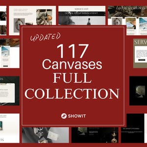 May include: A collage of website design mockups with a red background. The text "UPDATED 117 Canvases FULL COLLECTION" is prominently displayed. Various website elements and the Showit logo are visible.