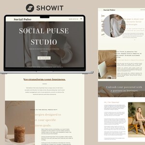 May include: A website screenshot showing a beige and white color scheme with the text "Social Pulse Studio" in a large font. The website also includes the text "We transform your business" and "Strategies designed to meet your specific business goals."