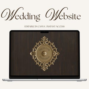 May include: A laptop displays a wedding website design. The screen shows a gold-colored ornate doorbell design with the words "PRESS FOR INVITATION" on a dark wood background. The words "Wedding Website" are at the top.