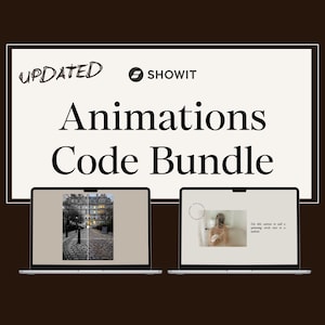 May include: A digital product graphic titled UPDATED SHOWIT Animations Code Bundle. The image features two laptop screens displaying website design previews, one showing a stone building and the other a person with a spinning circle animation.