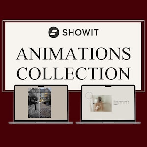 May include: Two silver laptops displayed against a dark red background. Above the laptops, a white rectangular graphic features the black text SHOWIT ANIMATIONS COLLECTION. The left screen shows a city street, and the right screen shows a person.