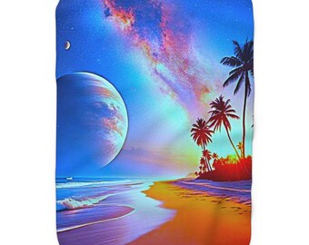 Beach Planets Sunset Sherpa Fleece Blanket | Cosmic Coastal Scene