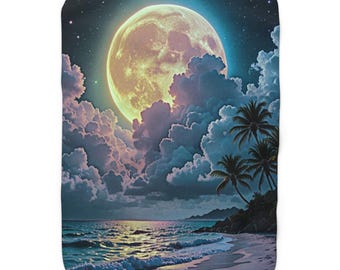 Full Moon Over Tropical Island Sherpa Blanket | Moonlit Beach Throw