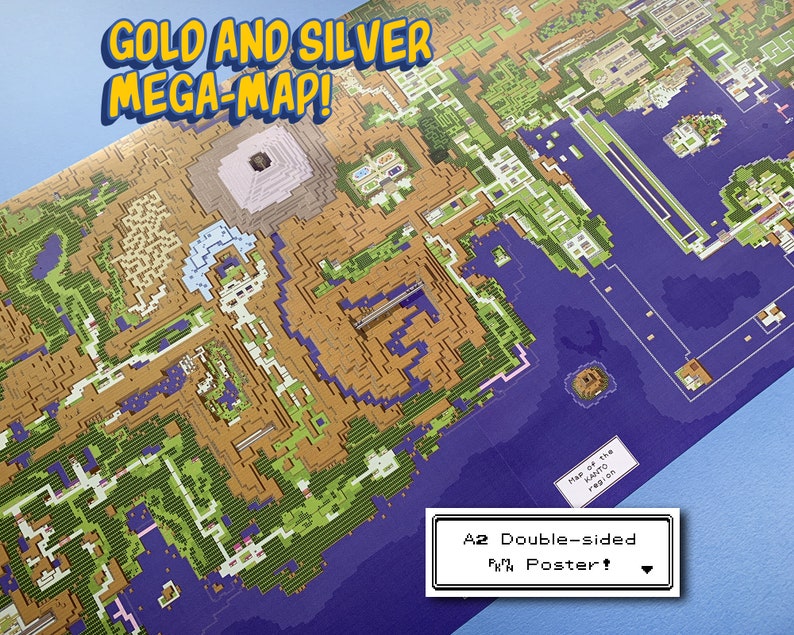 POKEMON MEGA MAP: Johto and Kanto Extended Gold/Silver era overworld map A2 double-sided poster image 1