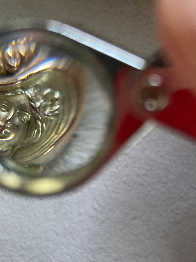 May include: Close-up of a silver-toned metal object with a detailed relief of a classical female face and floral elements. The object has a reflective surface and appears to be a decorative piece or jewelry component.