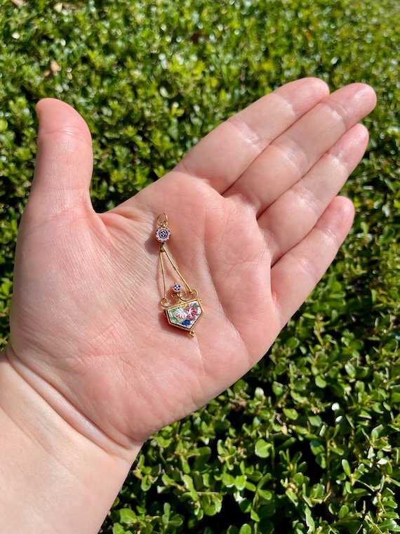 Antique 18K yellow gold micro mosaic flower pendant
