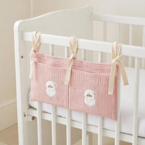 Handmade Muslin Crib Organizer | Sheep Embroidery Nursery Storage baby shower gift