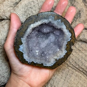 May include: A purple amethyst geode with a dark brown exterior. The geode is open and reveals a cluster of sparkling purple crystals.