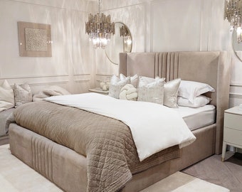 Lucinda Mocha Velvet Bed, Wall Headboard Upholstered Panels, Upholstered Bedframe, Modern Bed frame with headboard,Queen/King/Full Bed frame