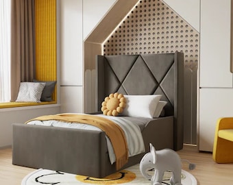 Ocean Kids Bed with Rails, Twin Toddler Bed Frame, Children Bed frame, Upholstered bed, Kids Bed frame, Single/Twin Bed frames