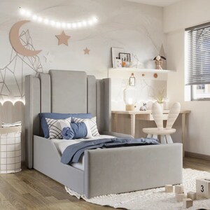 Little Adventurer Kids Bed with Rails, Twin Toddler Bed Frame, Children Bed frame, Upholstered bed, Kids Bed frame, Single/Twin Bed frames