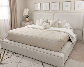 Tropez Silver Bed Frame, Wall Headboard Upholstered Panels, Custom Upholstered Bedframe, Modern Bed frame, Queen/King/Full Bed frame