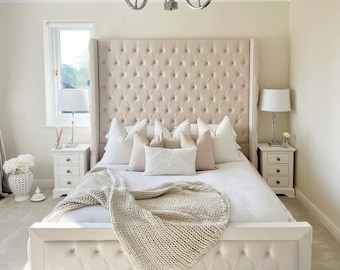 Custom Upholstered Bed Frame, Tufted Headboard, Modern Bed