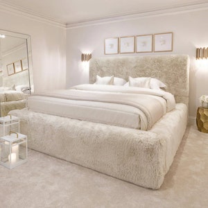 Arctic Luxury Cream Faux Fur Bed Frame, Upholstered Bedframe, Modern Bed frame with headboard, Platform  Bed, Queen/King/Full Bed frame