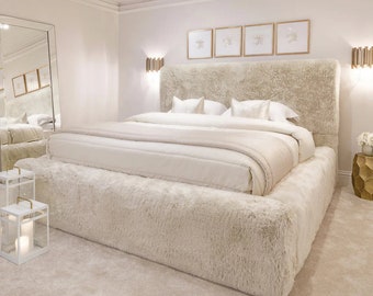 Arctic Luxury Cream Faux Fur Bed Frame, Upholstered Bedframe, Modern Bed frame with headboard, Platform  Bed, Queen/King/Full Bed frame