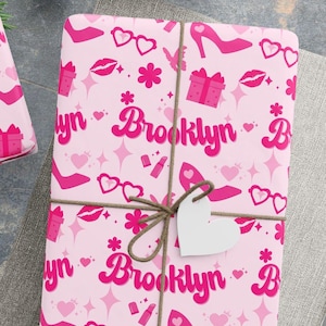 Custom Name Wrapping Paper Pink Girly Girl Gift Wrap Glam Fashion Themed Birthday Paper Cute Personalized Gift Wrap for Kids and Teen Unique