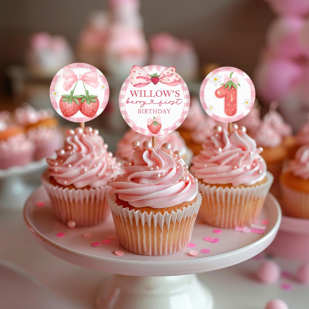 Berry First Birthday Cupcake Topper Custom Name Strawberry Birthday ...