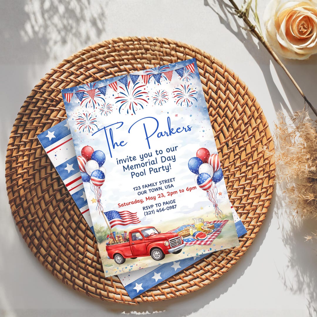 Memorial Day Party Invitation Digital Download Patriotic American Flag ...