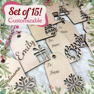 May include: Set of 15 customisable wooden gift tags featuring a variety of Christmas designs, including a snowflake, a wreath, a present, a stocking, and a bell. The tags are blank and ready to be personalised with names or messages.