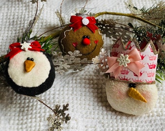Digital Ornament Trio pattern -  Penguin / Gingerbread / Snow Queen ornaments.  These would be great package toppers also.