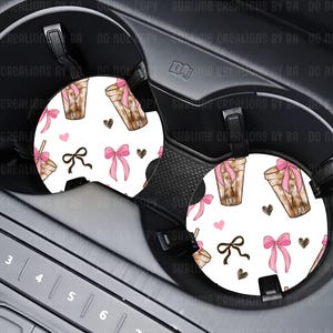 Bow Iced Coffee Seamless Print Car Coaster Set of 2 | Cute Coffee Car Accessory | Neoprene Cup Holder Coasters | Girly Car Decor Gift