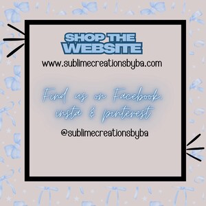May include: A square graphic with the text "SHOP THE WEBSITE" in blue, along with a website address. Below, it says "Find us on Facebook, insta & pinterest" and an Instagram handle. The background has a light beige color with blue bow patterns.