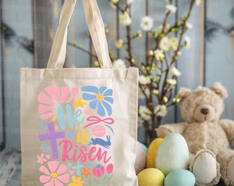 Risen Faith Tote Bag, Christian Easter Reusable Canvas Bag